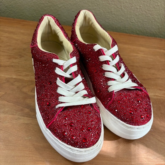 Blue by Betsey Johnson Sidny Red Rhinestone Embellished Platform Sneakers size 7 - Picture 13 of 16